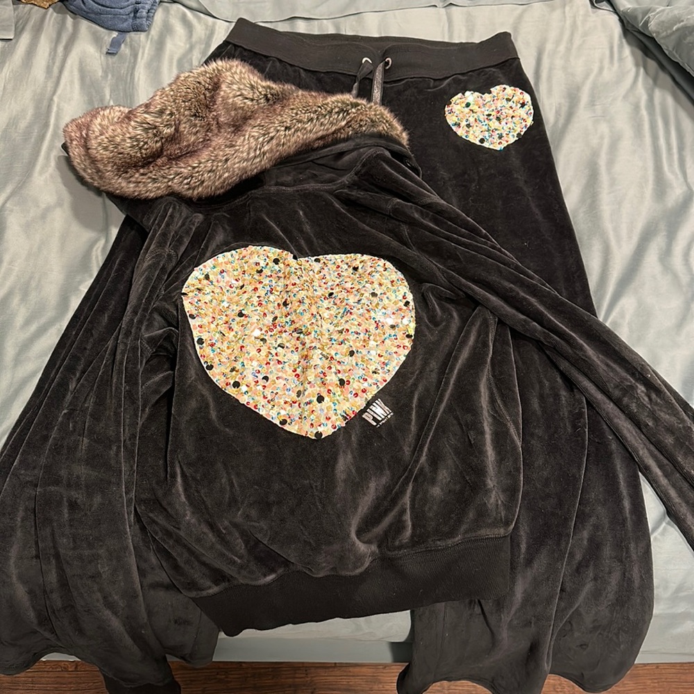 Black velour pink Victoria’s Secret wide legged pants AND fur lined jacket set